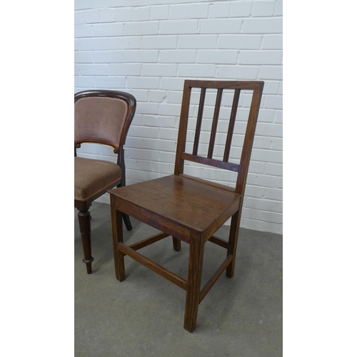 218 - Pair of oak hall chairs together with a Victorian rosewood chair with upholstered seat and back. 88 ... 