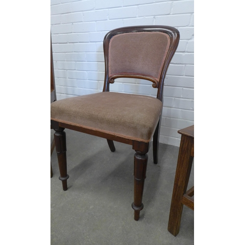 218 - Pair of oak hall chairs together with a Victorian rosewood chair with upholstered seat and back. 88 ... 