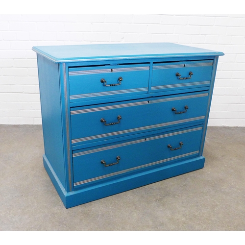 220 - Blue painted chest, the moulded rectangular top above two short and two long drawers , raised on a p... 