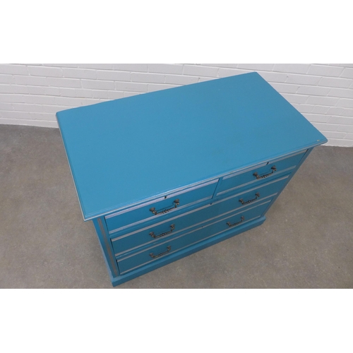 220 - Blue painted chest, the moulded rectangular top above two short and two long drawers , raised on a p... 