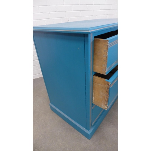 220 - Blue painted chest, the moulded rectangular top above two short and two long drawers , raised on a p... 