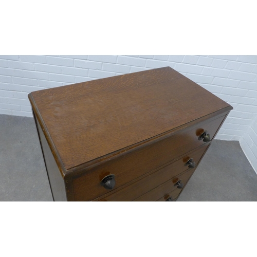 252 - Early 20th century oak chest with four long drawers and bun handels, plinth base, 92 x 75 x 41cm