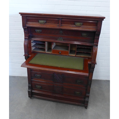 256 - Late 19th century mahogany secretaire chest, the rectangular top over two short and one long drawer,... 