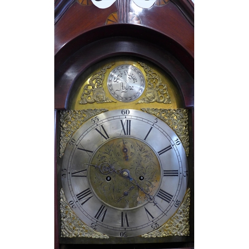 272 - 19th century mahogany and marquetry longcase clock, with broken swan neck hood over a brass dial wit... 