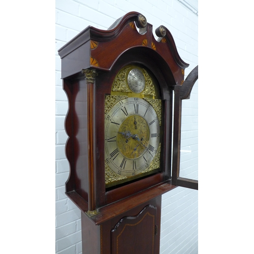 272 - 19th century mahogany and marquetry longcase clock, with broken swan neck hood over a brass dial wit... 