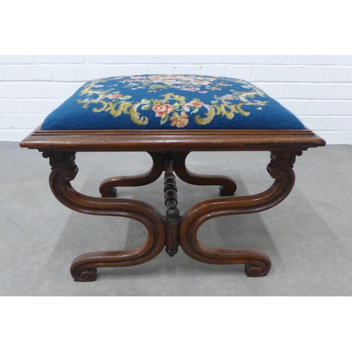 282 - Mahogany x-frame stool with tapestry upholstered seat, 38 x 56 x 46