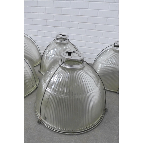 289 - Set of eleven industrial vintage style glass ceiling pendant shades with metal mounts, approx 42 x 6... 