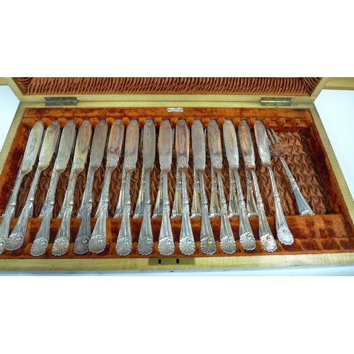 300 - Walker & Hall part canteen of Epns fish knives and forks and a glazed tray containing a needlework p... 