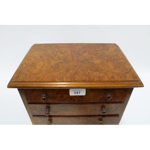 341 - Miniature walnut chest of drawers with rectangular top and four long drawers with bun handles,  on b... 