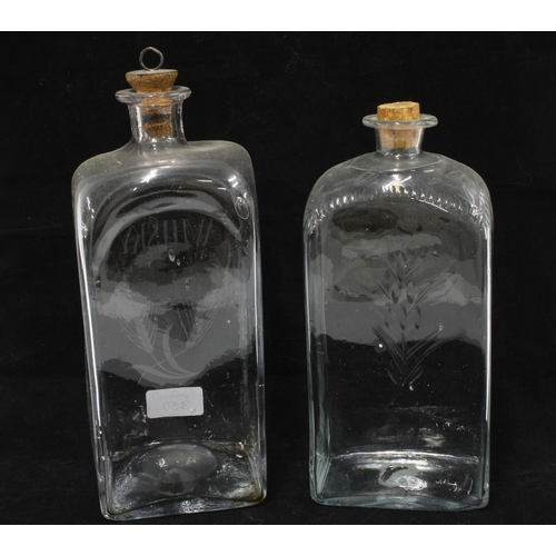 350 - Victorian 'whisky'  etched glass flask and another, 18cm including stopper, (2)