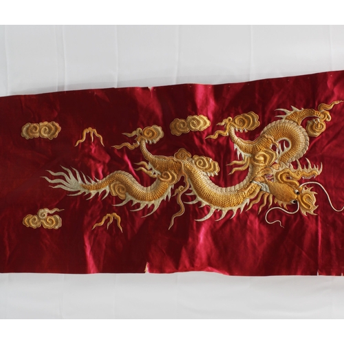 369 - Chinese pink silk panel embroidered with dragons, 185 x 35cm