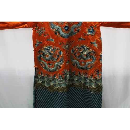 371 - Orange ground, silk embroidered Court Robe / Court Dress finely embroidered with dragon and clouds p... 