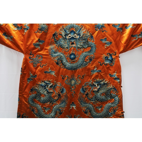 371 - Orange ground, silk embroidered Court Robe / Court Dress finely embroidered with dragon and clouds p... 