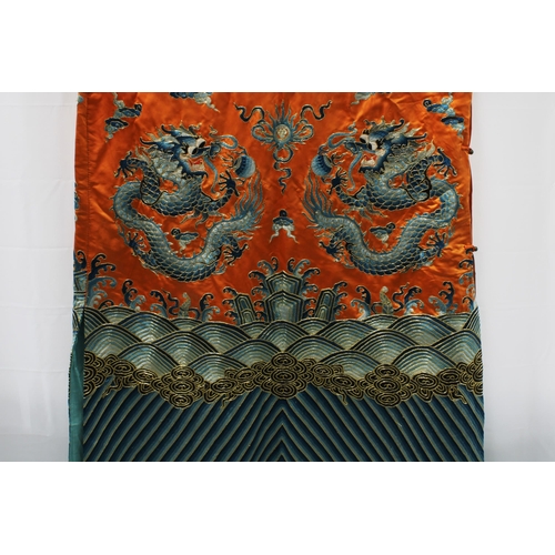 371 - Orange ground, silk embroidered Court Robe / Court Dress finely embroidered with dragon and clouds p... 