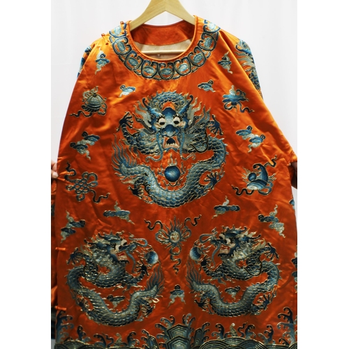 371 - Orange ground, silk embroidered Court Robe / Court Dress finely embroidered with dragon and clouds p... 