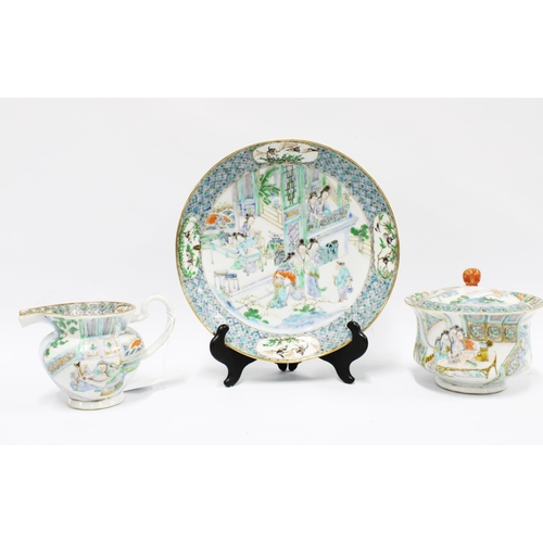 373 - Chinese famille verte porcelain table wares to include a sucrier with cover, jug, five small plates ... 