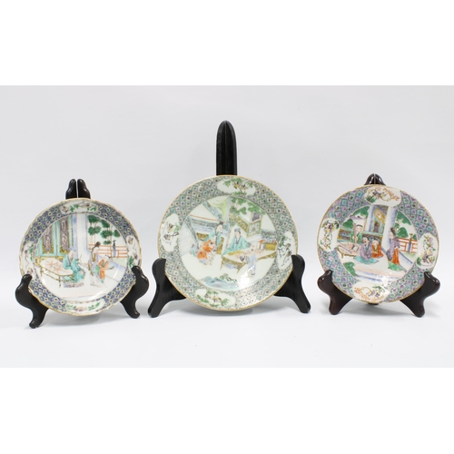 373 - Chinese famille verte porcelain table wares to include a sucrier with cover, jug, five small plates ... 