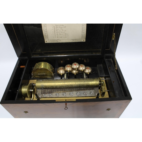 377 - 19th century Swiss cylinder music box, paper label to the interior lid reads 'Fabrique De Geneve, an... 