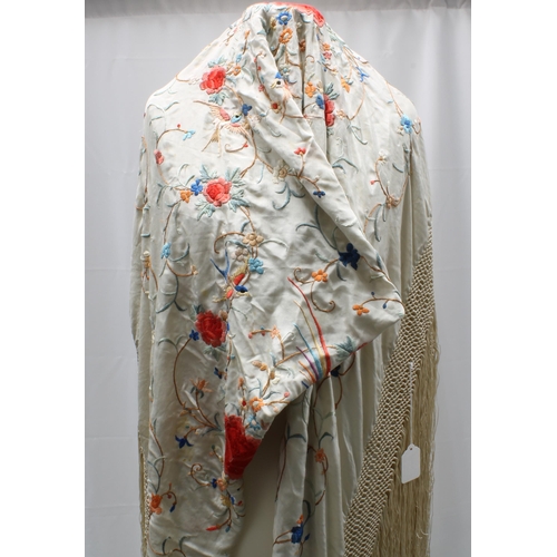 380 - Piano Shawl, embroidered humming birds and flowers pattern  with fringed border approx. 120cm exclud... 