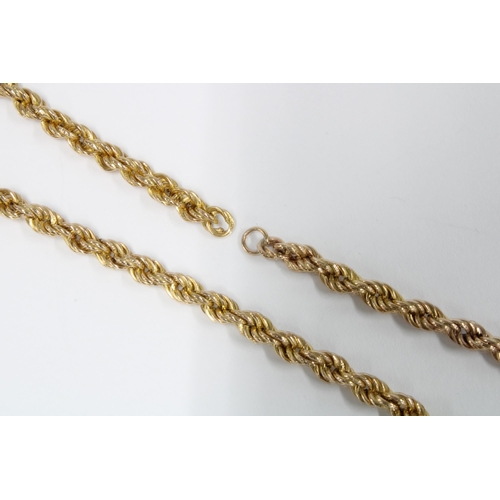 62 - 9ct gold bracelet and an unmarked yellow metal length of rope chain, unmarked and missing the clasp ... 