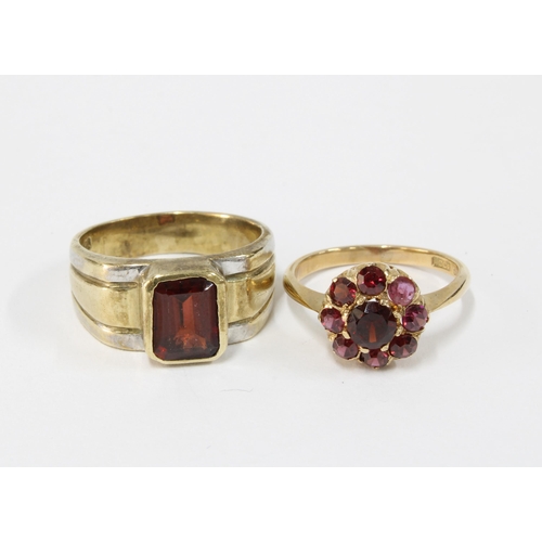 67 - Two 9ct gold garnet dress rings, size K and O, and a garnet bracelet (3)