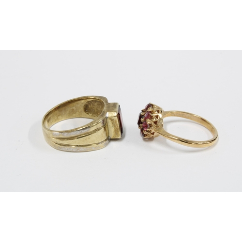 67 - Two 9ct gold garnet dress rings, size K and O, and a garnet bracelet (3)