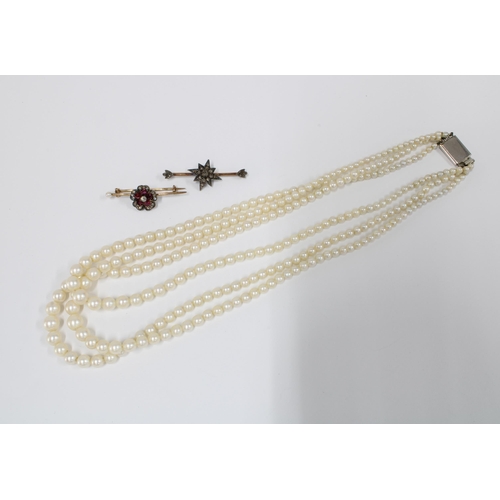 68 - Cultured pearl triple strand necklace with 9ct white gold fastening and two late 19th / early 20th c... 