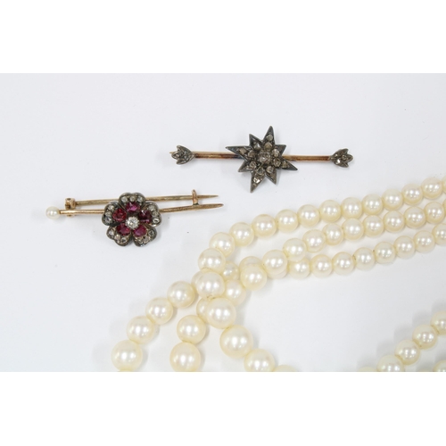 68 - Cultured pearl triple strand necklace with 9ct white gold fastening and two late 19th / early 20th c... 