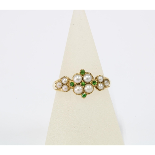 69 - Edwardian 18ct gold pearl and demantoid garnet dress ring, Birmingham 1908, size N