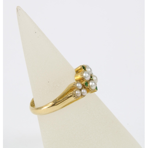 69 - Edwardian 18ct gold pearl and demantoid garnet dress ring, Birmingham 1908, size N