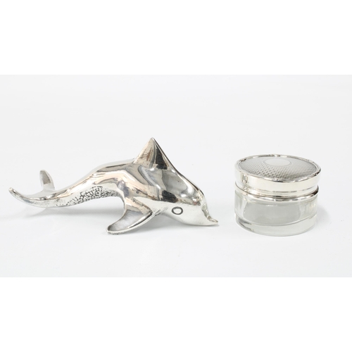 84 - George VI silver topped glass jar, Birmingham 1942 and a silver plated dolphin 12cm long (2)