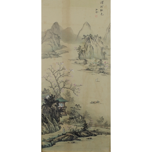 165 - Japanese landscape print on textile, framed under glass, size overall 55 x 110cm and another Japanes... 