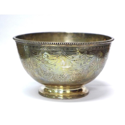 81 - Victorian silver sugar bowl, Sheffield 1873, floral garland bright cut engraved pattern, on plain ci... 