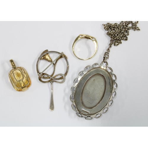 12 - 9ct gold framed citrine pendant, stamped 9K & 375, a yellow and white metal ring, with pierced panel... 