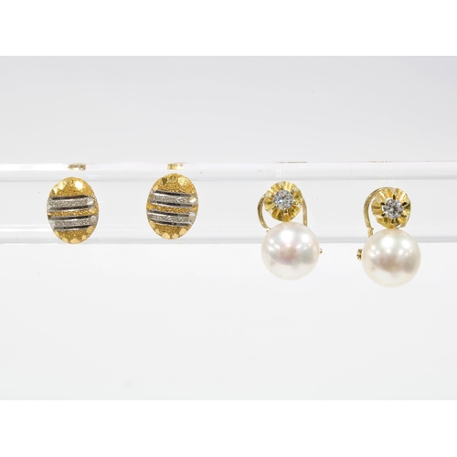13 - Pair of 18ct gold faux pearl earrings and a pair of yellow and white metal stud earrings (2)