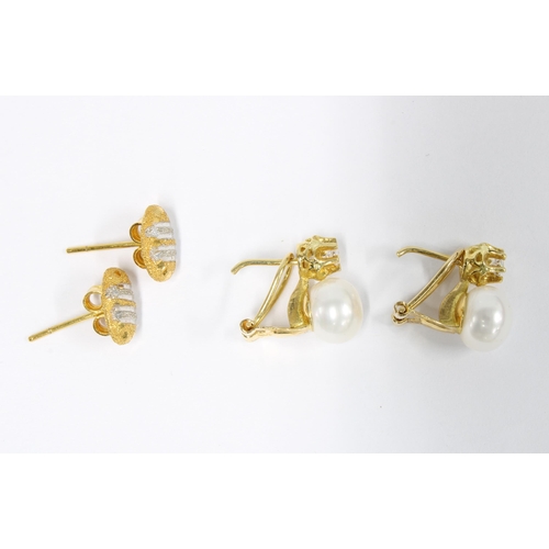 13 - Pair of 18ct gold faux pearl earrings and a pair of yellow and white metal stud earrings (2)