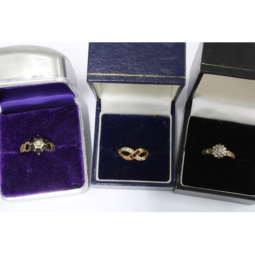 15 - Five 9ct gold gemset rings and a gold plated dress ring (6)