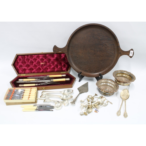 383 - Mixed lot to include a pair of silver plate on copper wine coasters, wooden tray, four piece carving... 