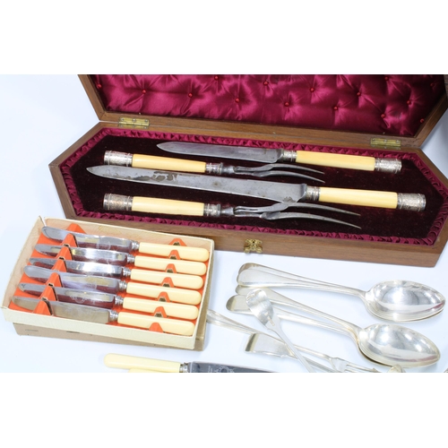 383 - Mixed lot to include a pair of silver plate on copper wine coasters, wooden tray, four piece carving... 