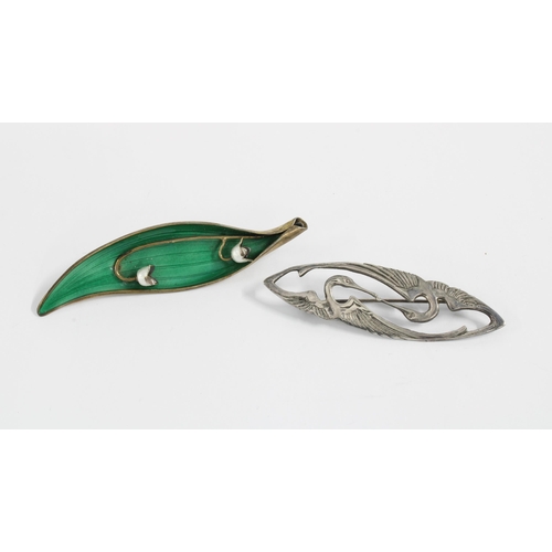 49 - Vintage silver and green enamel Lily of the Valley brooch together with a silver swans brooch 7cm lo... 