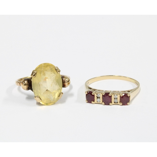 9 - 9ct gold ruby and diamond dress ring, size Q, and another dress ring with a claw set oval citrine on... 