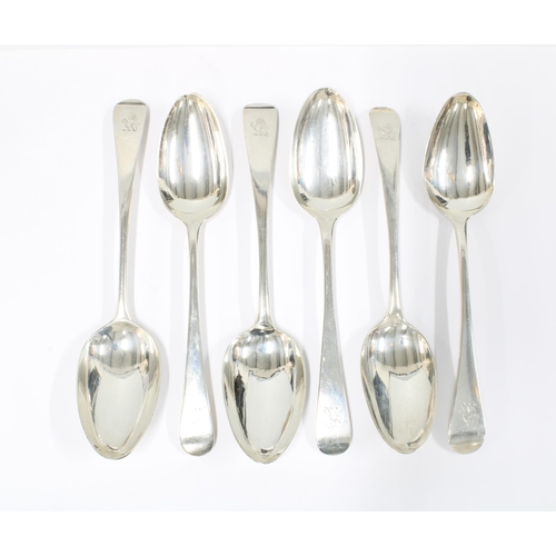 1 - Six Georgian silver table spoons, old english pattern with engraved lion family crest, London hallma... 