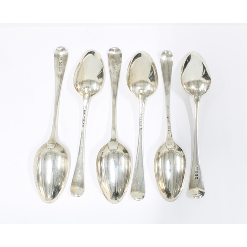 1 - Six Georgian silver table spoons, old english pattern with engraved lion family crest, London hallma... 