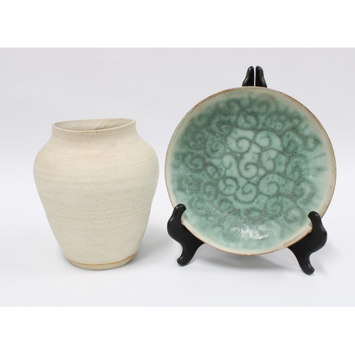 101 - Habitat biscuit glazed studio pottery vase and a studio pottery shallow dish with swirled green patt... 