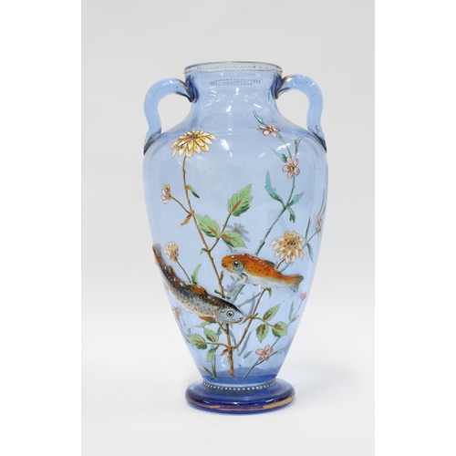 105 - Late 19th century blue art glass vase, decorated in high relief with enameled fish swimming amongst ... 