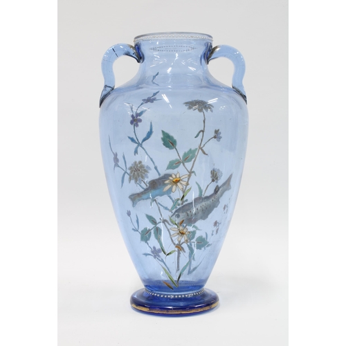 105 - Late 19th century blue art glass vase, decorated in high relief with enameled fish swimming amongst ... 