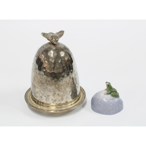 108 - Royal Copenhagen model 507 - a frog on a rock 4.5cm and a Epns egg cup 11cm, the detachable cover wi... 