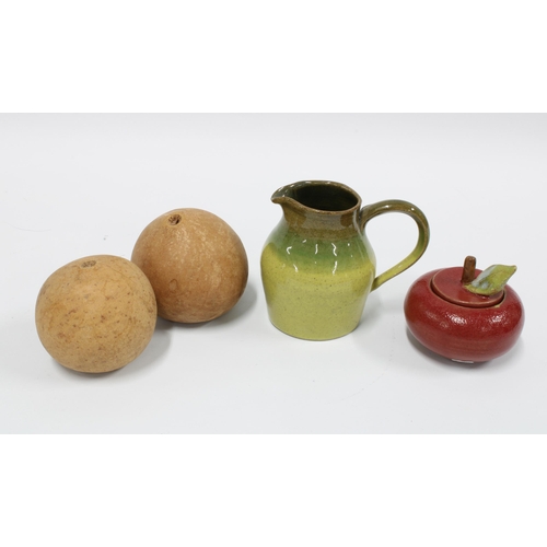 115 - Collection of contemporary studio pottery to include a small green glazed jug and apple pot, both si... 