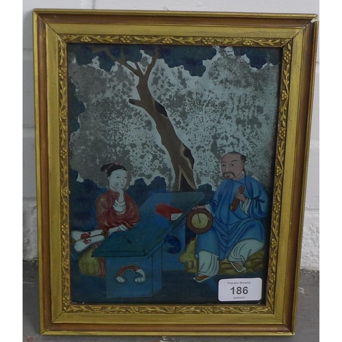 186 - Chinese reverse glass mirror painting of a couple, late Qing Dynasty period to Republic period, 17 x... 