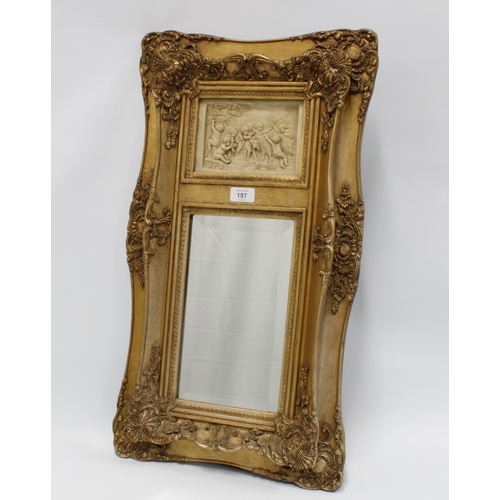 197 - Moulded gilt framed mirror, the rectangular plate surmounted by a faux stoneware plaque with cherubs... 